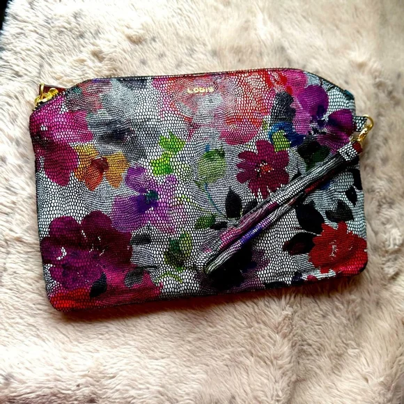 Lodis Floral Print Reptile Embossed Leather RFID Wristlet Clutch NWOT Multicolor - Picture 2 of 8